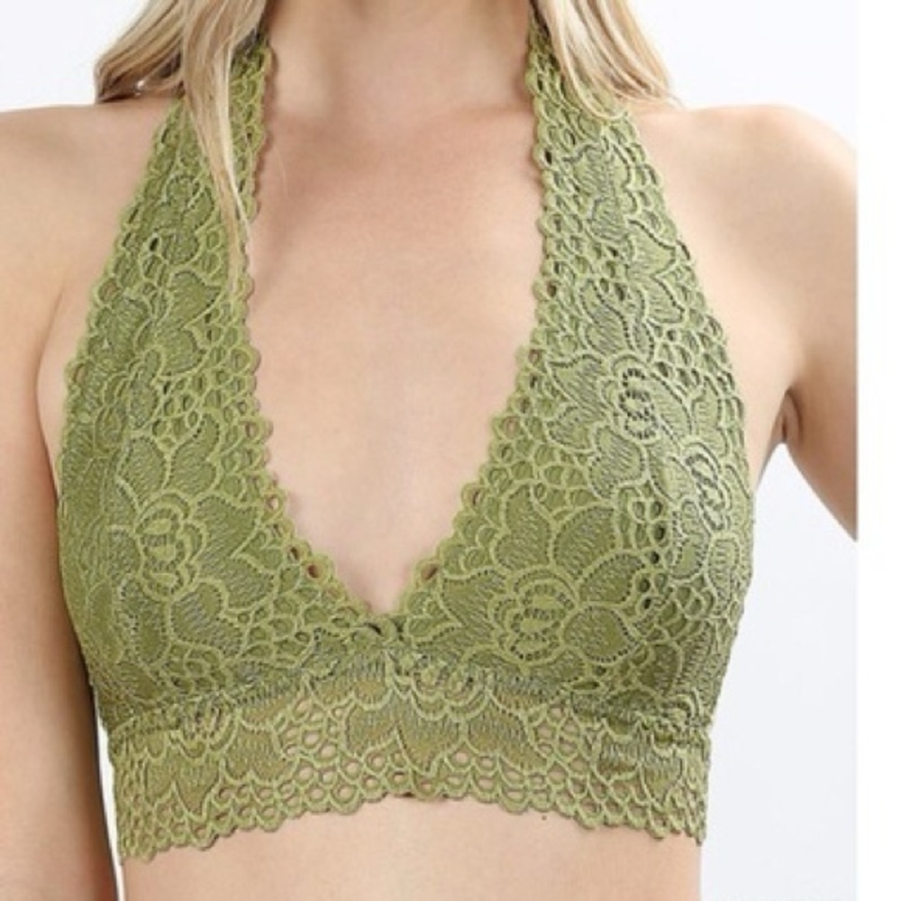 Zenana Outfitters Olive Lace Halter Bralette